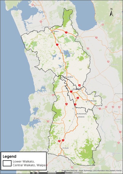 Map: Lower Waikato, Central Waikto, and Waipa catchment