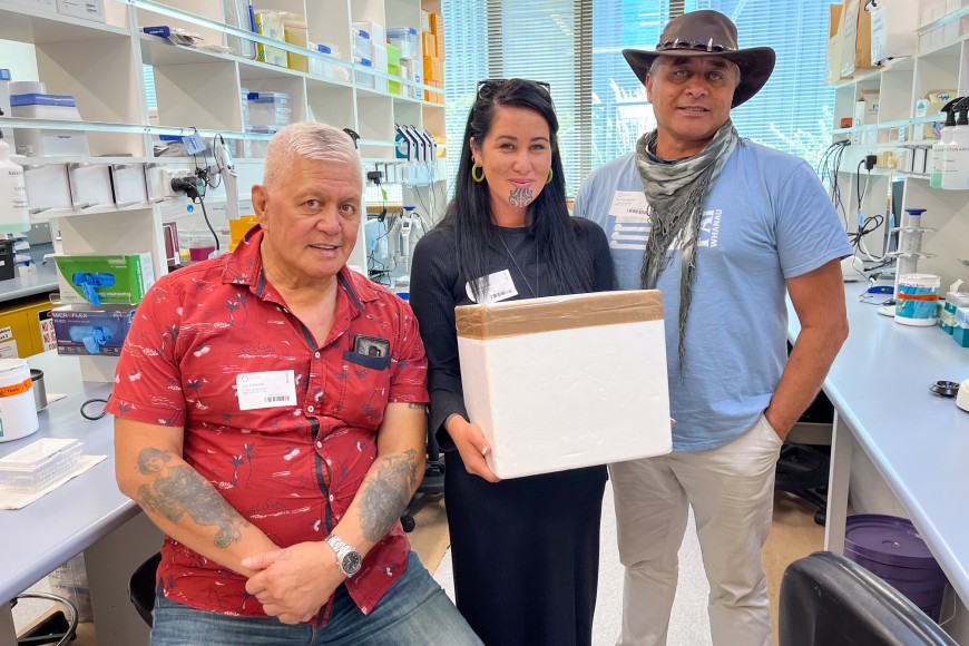 Joe Edwards and Stevee Rauretu and Te Poari Newton from Tura Te Ngakau with samples