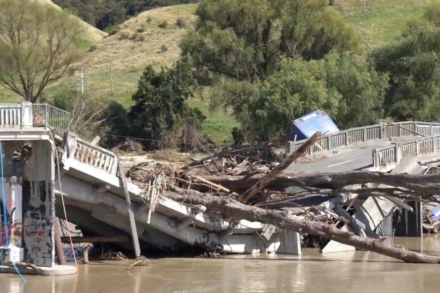 A bridge in the Hawkes Bay region damaged by slash brought down in Cyclone Gabrielle.Image: Geoff Mackley