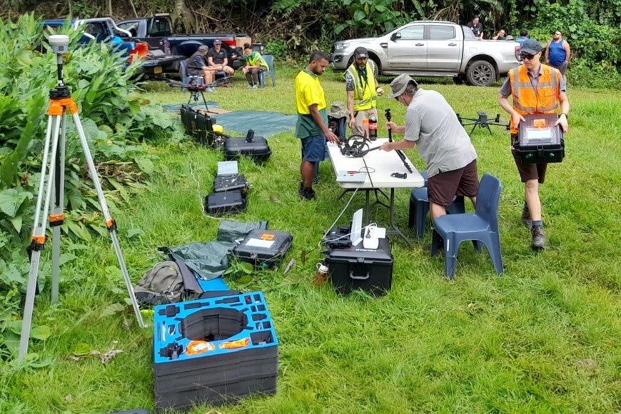 The team setting up drones in Rarotonga