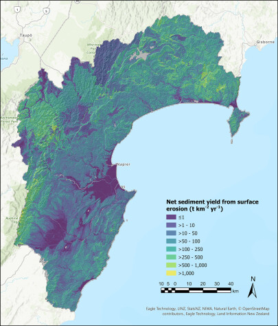 LiDAR-based SedNetNZ model predictions of net sediment yield from surface erosion in the Napier area. Green and yellow colours show more sediment yield.