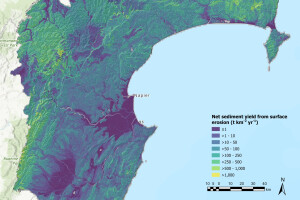 LiDAR-based SedNetNZ model predictions of net sediment yield from surface erosion in the Napier area. Green and yellow colours show more sediment yield.