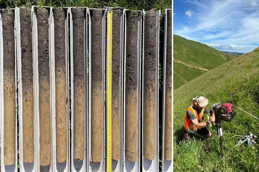 Continuous soil core sampling. Left: 10 soil cores collected from a site. Right: soil core sampling using a mechanical waratah driver.