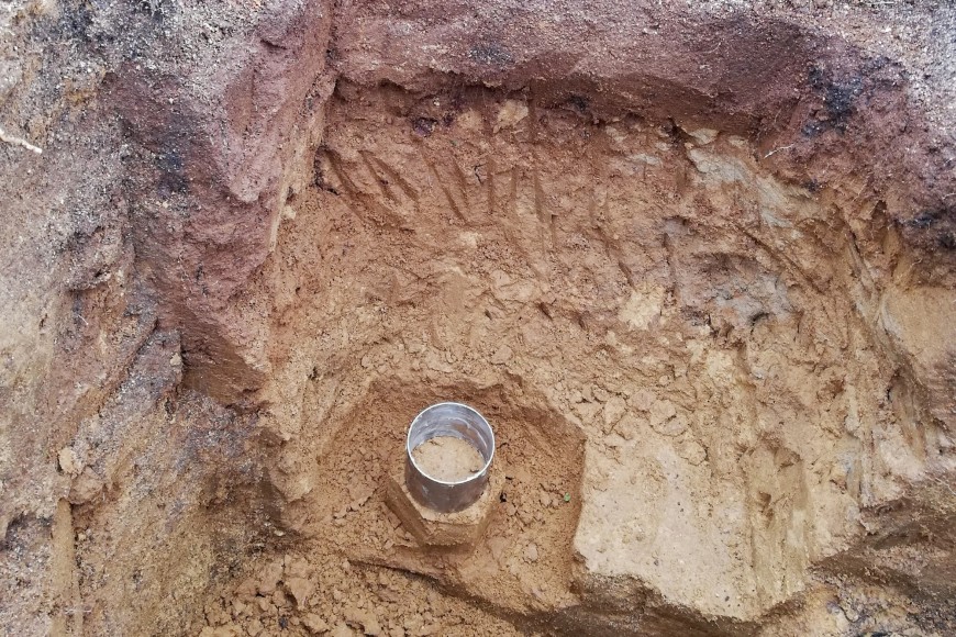 Figure 3. Preparing to hand carve an undisturbed soil core at 1 m depth for measuring soil water-holding capacity. (Photo: Veronica Penny)