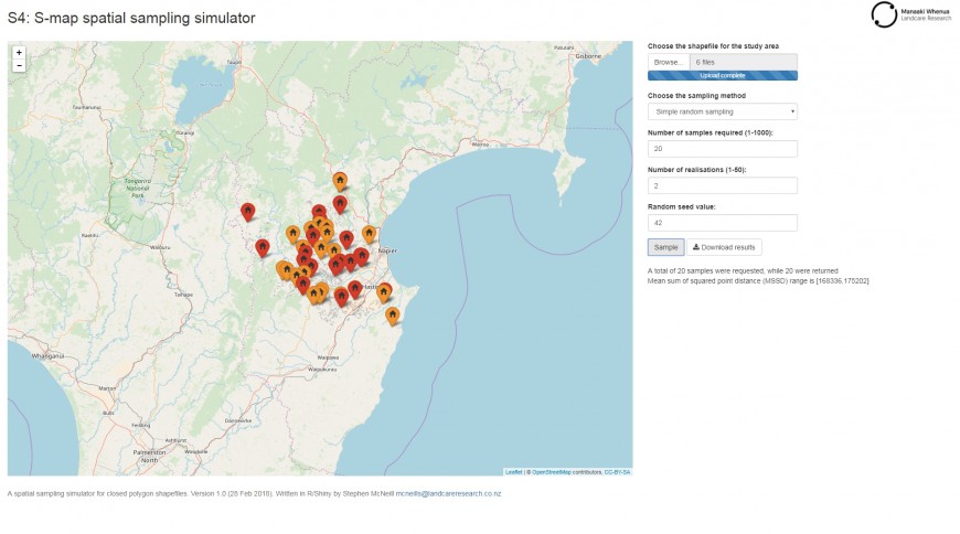 Figure 1: Screenshot of the application; the exact layout will depend on whether the application is run on a large screen or a mobile phone. The sample locations for two realisations of 20 samples using simple random sampling are shown with red or orange markers for the different realisations.